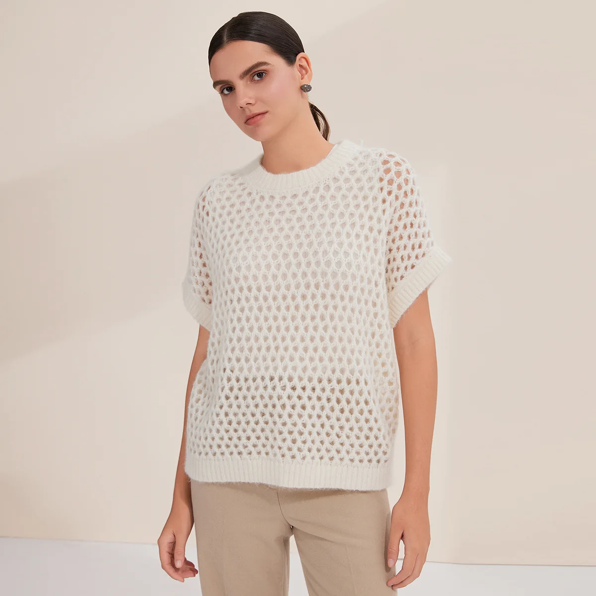 BY4521312 Damen Kaschmir-Alpaka-Mischung Strickpullover mit Häkelmuster für den Herbst