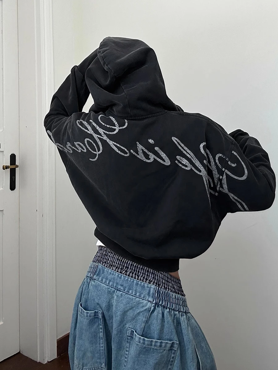 REDDACHiC Women's Graphic Full Zip Hoodies Jacket Zipper Pockets Letter Print Long Sleeve Cropped Hooded Top Grunge Streetwear