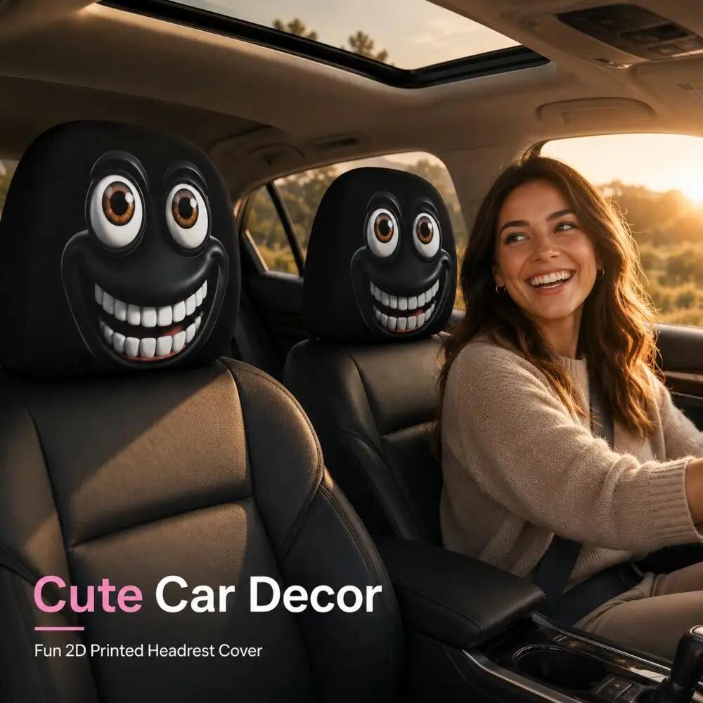 2PCS Capa de Apoio de Cabeça para Carro com Sapo Engraçado de Olhos Grandes e Sorridente, Protetor de Apoio de Cabeça Automotivo Universal Elástico com Desenho Animado Divertido