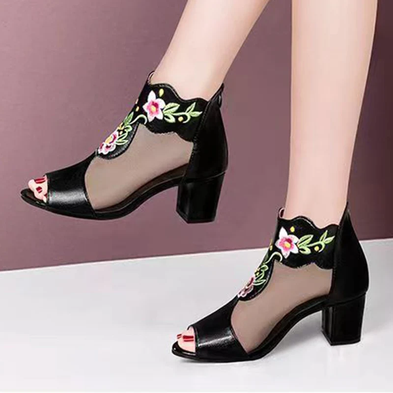 Sexy Black Mesh Embroidery Floral Pumps Women Autumn 2024 Thick Square Heels Peep Toe Shoes Woman High Heeled Patchwork Sandals