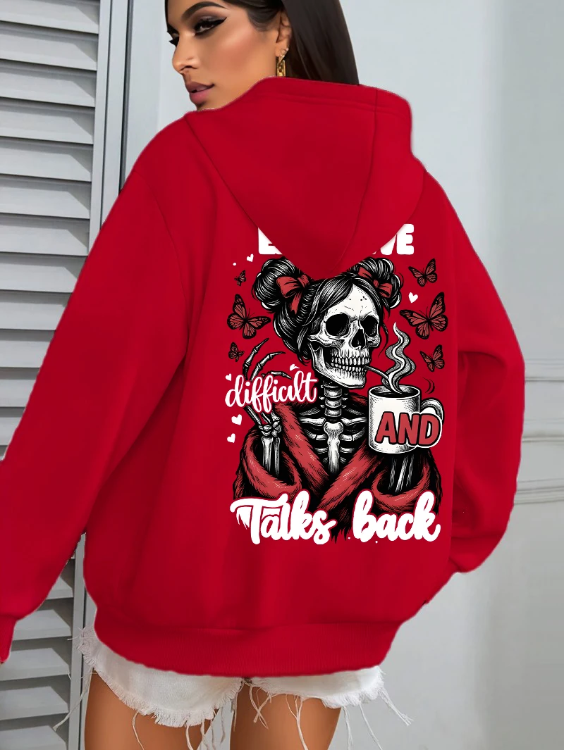 高価なトークバックコーヒーバタフライスカルプリント女性パーカー秋パーカーカジュアルルーズプルオーバージョギングポケットスポーツウェア