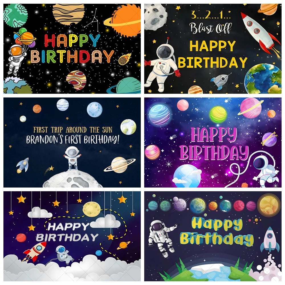 

Space Cartoon Theme Astronaut Photography Photo Background Decoration Props Boy and Girl Birthday Banner Poster Customization