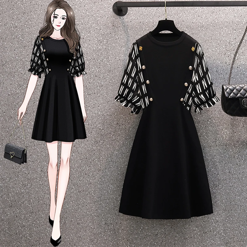 

Summer Elegant Large Size Dress Women's Clothing 2023 New Summer Short Sleeve Waist Fake Two Black Dress j119