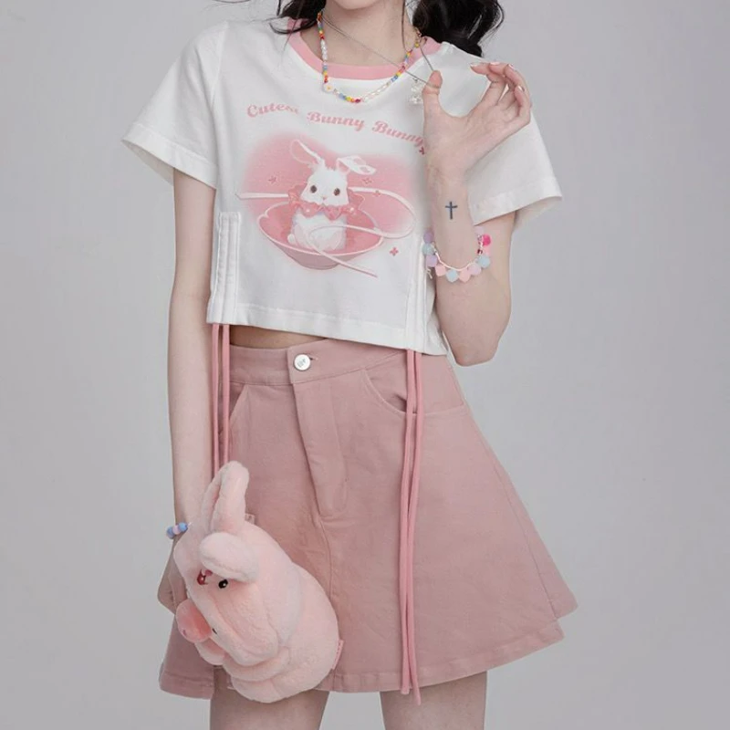 Japanese Sweet Lolita T-Shirts Women Kawaii O Neck Drawstring Design Short Sleeve Crop Tops Girls Y2k Aesthetic Bunny Print Tees