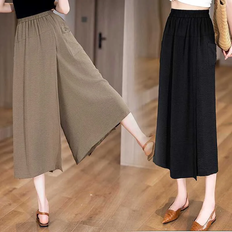 High Waist Loose Fit Thin Women's Pants Casual Skirt Pants Seven-Foot Wide Leg Pants Slimming Trendy Polyester Fiber