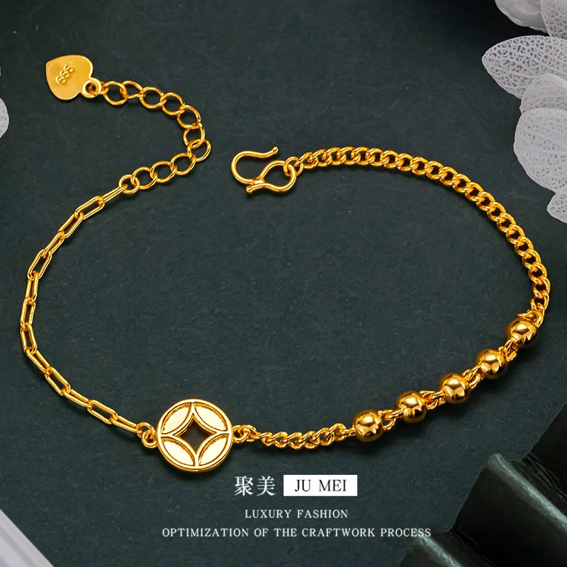 

999924K Real Gold Money Small Light Bead Bracelet Versatile Niche Design Money Money Lucky Bracelet Women's Hand Jewelry