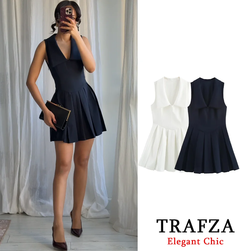 TRAFZA, Vestido corto sin mangas con cuello ancho para mujer, vestido elegante con dobladillo plisado, dulce nuevo, vestido informal de vacaciones para primavera y verano 2025
