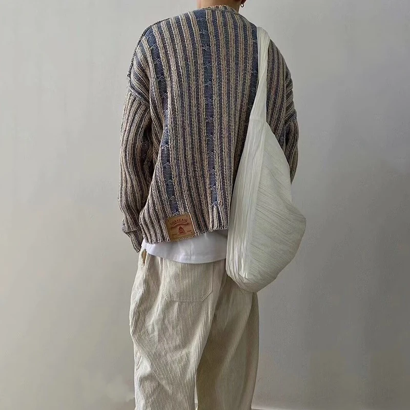 스트라이프 크로셰 니트 스웨터 남성 가을 겨울 크루넥 풀오버 니트웨어 스트리트웨어 트렌디 패셔너블 스웨터 남성용 저지