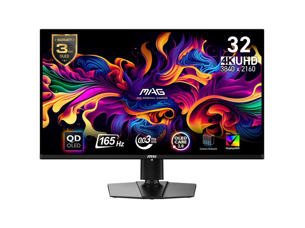 MSI 32" (31.5" viewable) UHD 4K 165Hz with AMD FreeSync Premium Pro 0.03ms HDR400 USB-C OLED Gaming Computer Monitor with Height Adjustable, Pivot, Swivel & Tilt stand MAG 321UP QD-OLED