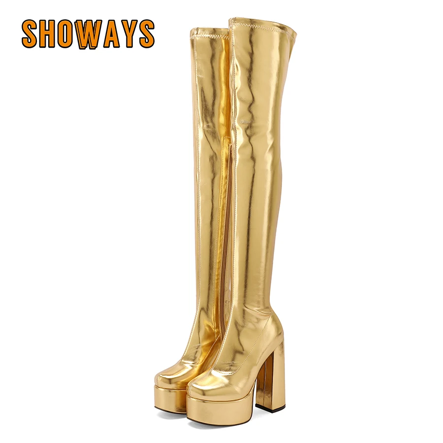 Glänzende goldene Frauen über Knie Stiefel Silber rosa grün klobige Absätze sexy Party Club Damen Reiß verschluss Stretch Oberschenkel hohe Plateaus tiefel