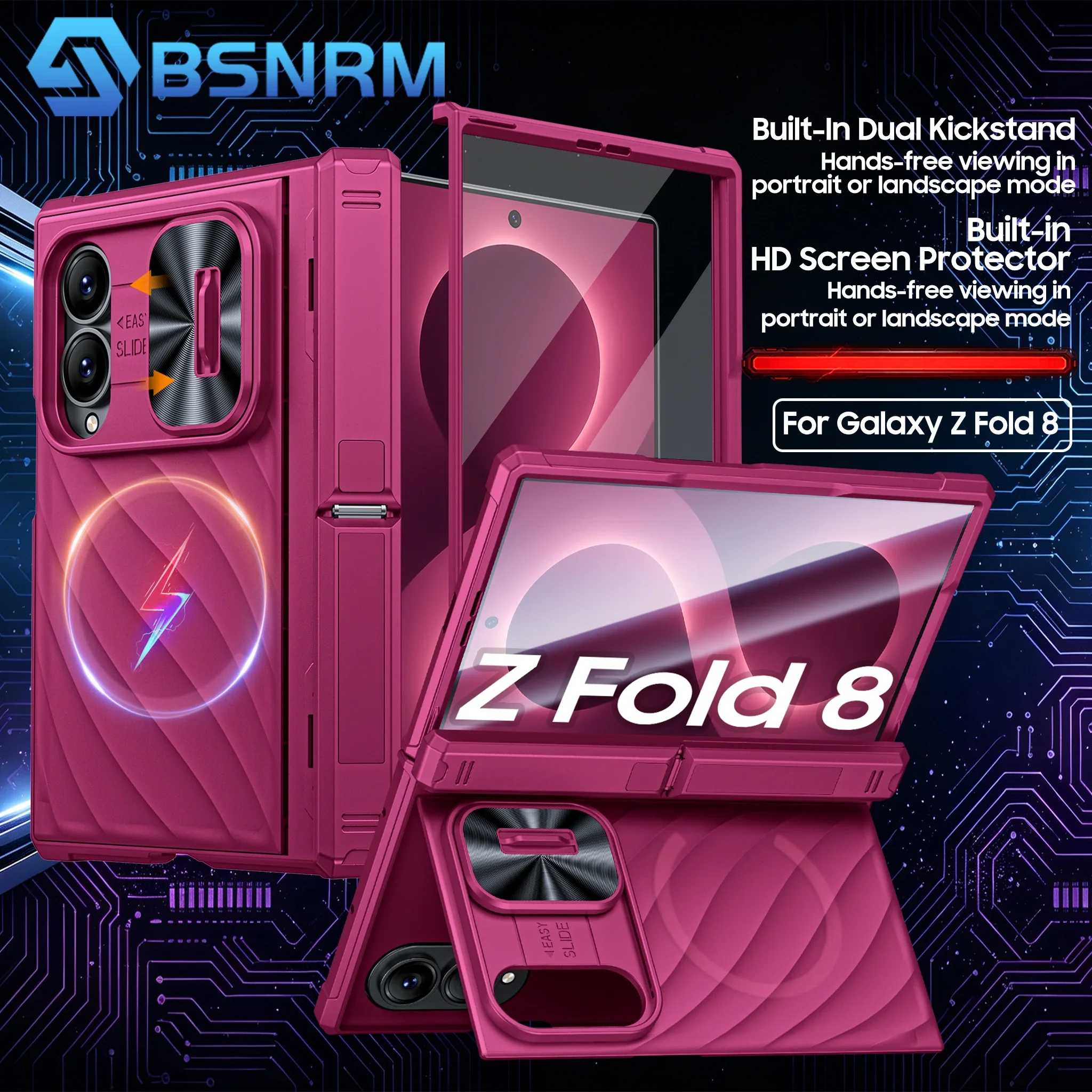 Für Galaxy Z Fold 8 Hülle, Wellenmuster, Doppelter Ständer, Schiebe-Kameraabdeckung, Scharnierschutz, Stoßfeste Panzerhülle - Rosenrot