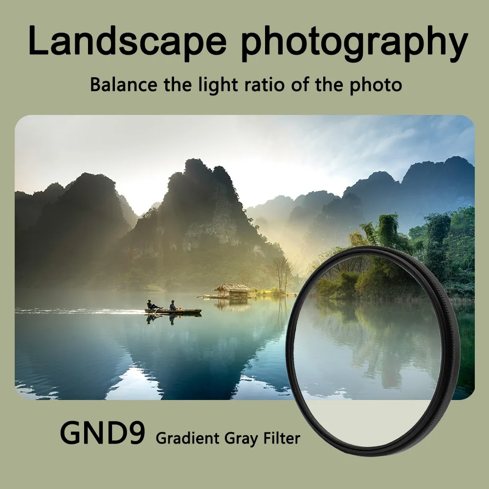 GND 0,9 Absolvent grauer Objektivfilter, geeignet zum Aufnehmen von Sonnenuntergangs- und Seelandschaften, Canon, Nikon, Sony, Kameraobjektivgröße 49–82 mm