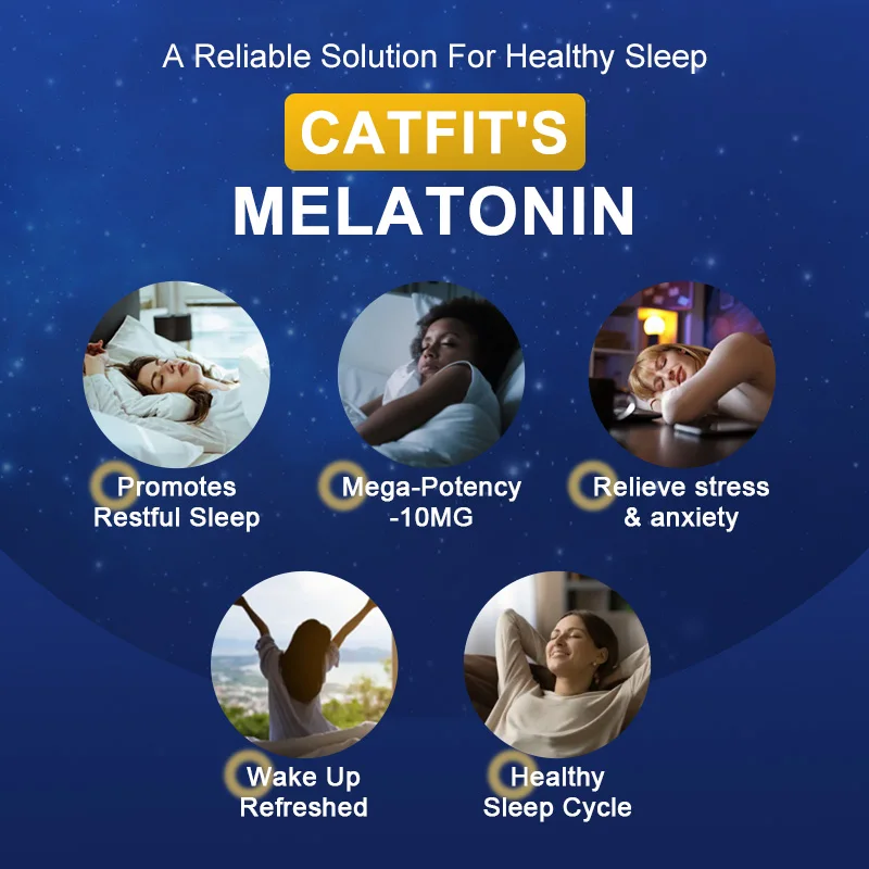 Catfit Melatonin Capsules 10mg Vitamin B6 Omaga 3 6 9 Restful Sleep Stress&Anxiety Relief Fall Deep Sleep Insomnia Sleep Quality