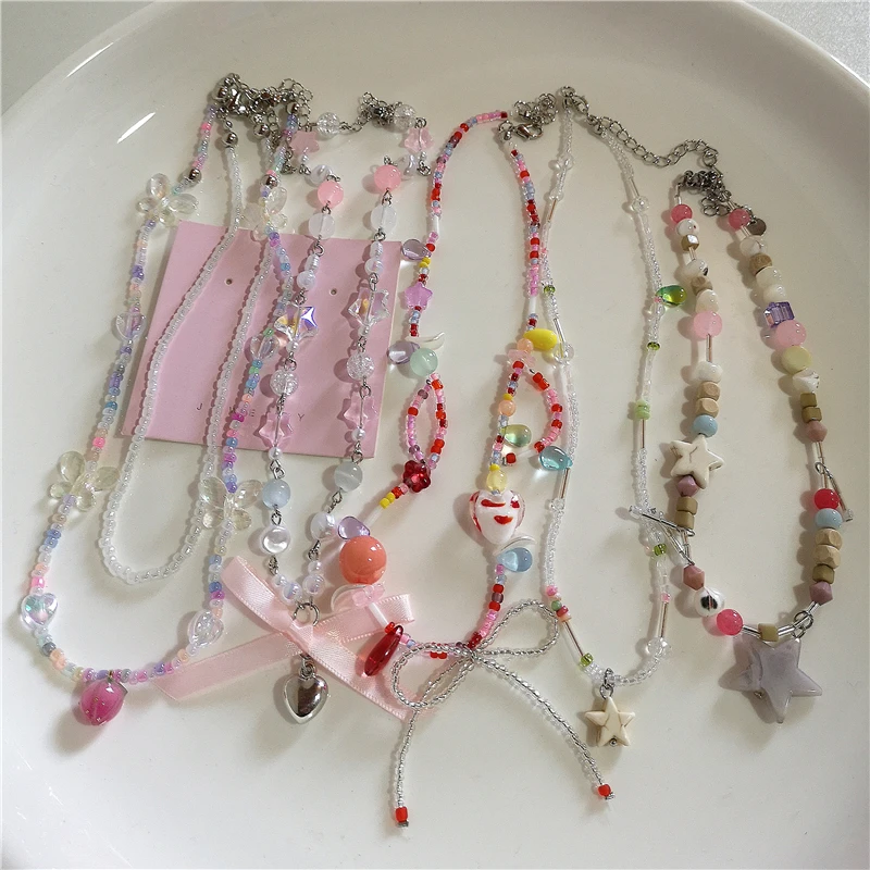 Kpop Cute Strawberry Bowknot Star Choker Necklace Women Y2K EMO 2000s Aesthetic Goth Vintage Jewelry Charms Harajuku Accessories