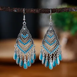 Fashion Boho Vintage Long Drop Dangle Women's Earrings Geometric Enameled Waterdrop Tassel Bohemian Antique Silver Color Jewelry