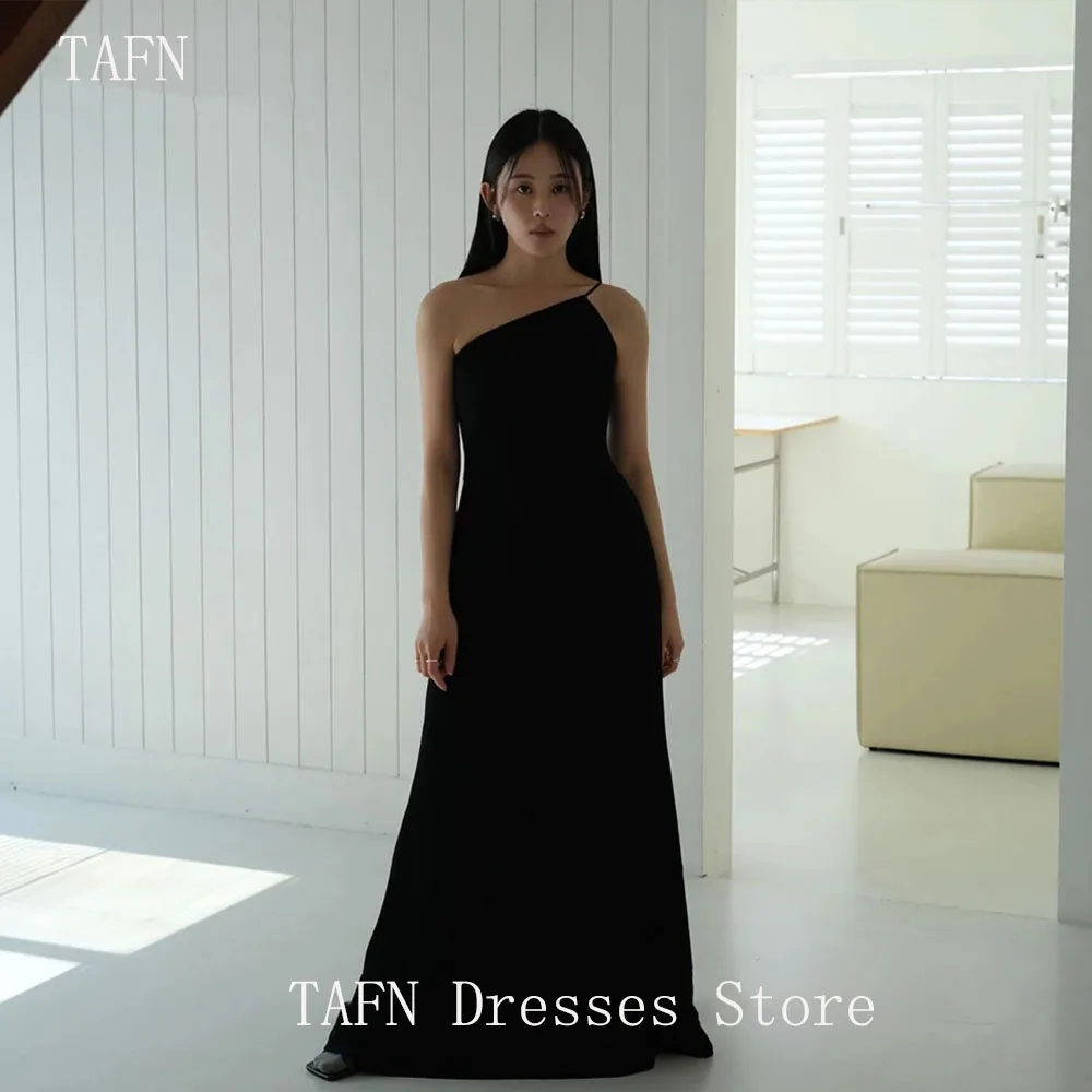 TAFN Simple Black Wedding Dress Korea Photo Shoot One Shoulder Elastic Satin A-line Bridal Gown Floor Length 웨딩드레스 Custom Made