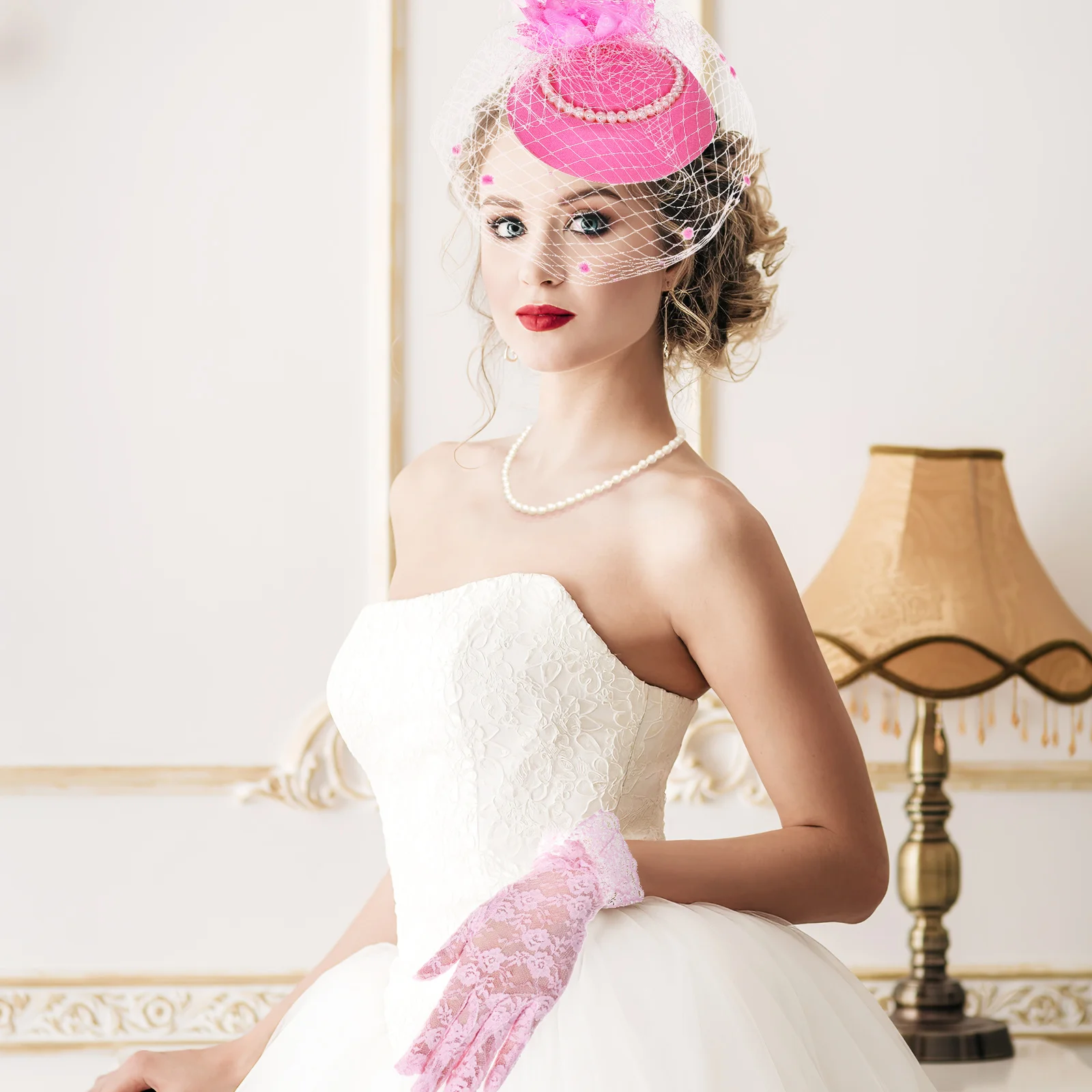 

1 set 1 Set Vintage Fascinator Hat Gloves Pearl Necklace Tea Party Accessories For Women 1920S Flapper Style Headpiece Dress Up