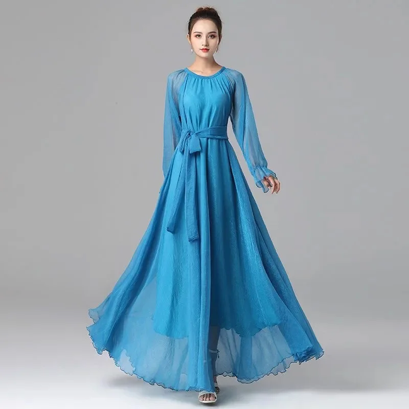 Elegant Chiffon Long Dress 2024 Spring/Summer New Long Sleeve Seaside Vacation Beach Dress Solid Color Elegant Ladies Vestidos