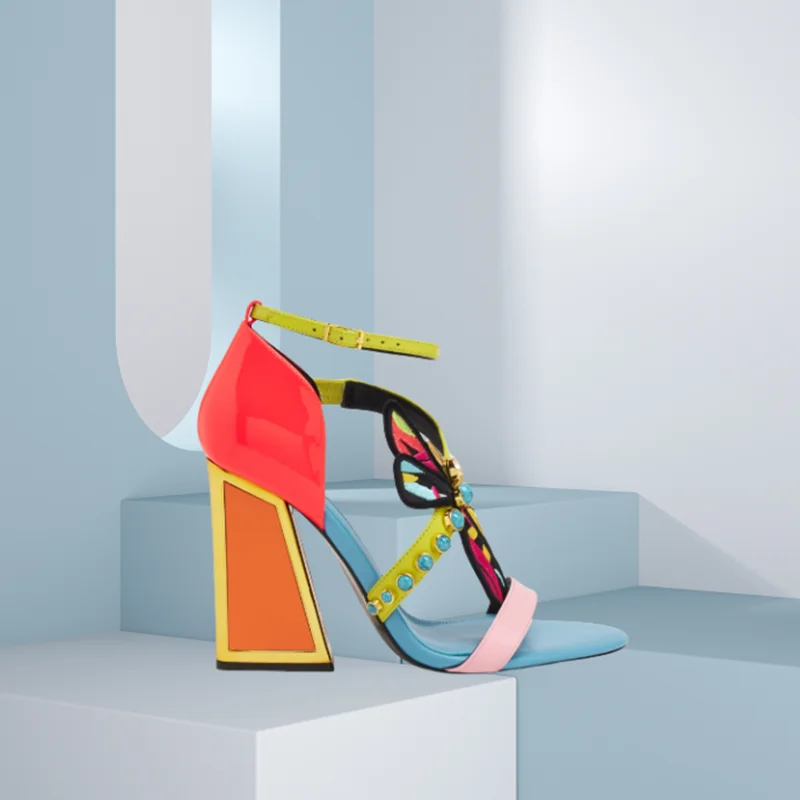 Mixed Color Crystal Decor Totem Sandals Cover Heel Strange Style Chunky High Heels Women Summer Fashion Shoes Zapatillas Mujer
