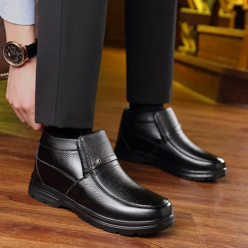New in Men's Genuine Leather Boots Winter Snow Shoes Wool Inner Anti slip Father Ankle Boots Waterproof Warm Man Cotton Boot - Image 2