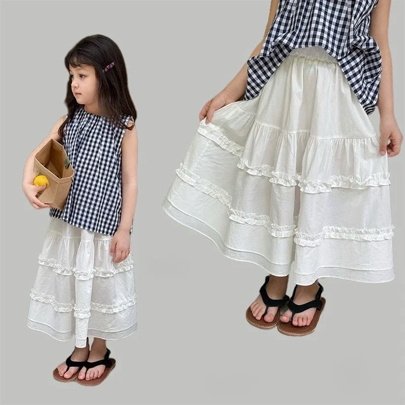 

Lace Long Skirt Summer New 2025 Cute Fashion Solid Color Sweet All-match Simple Casual Loose Skirt Kids Clothes Girls