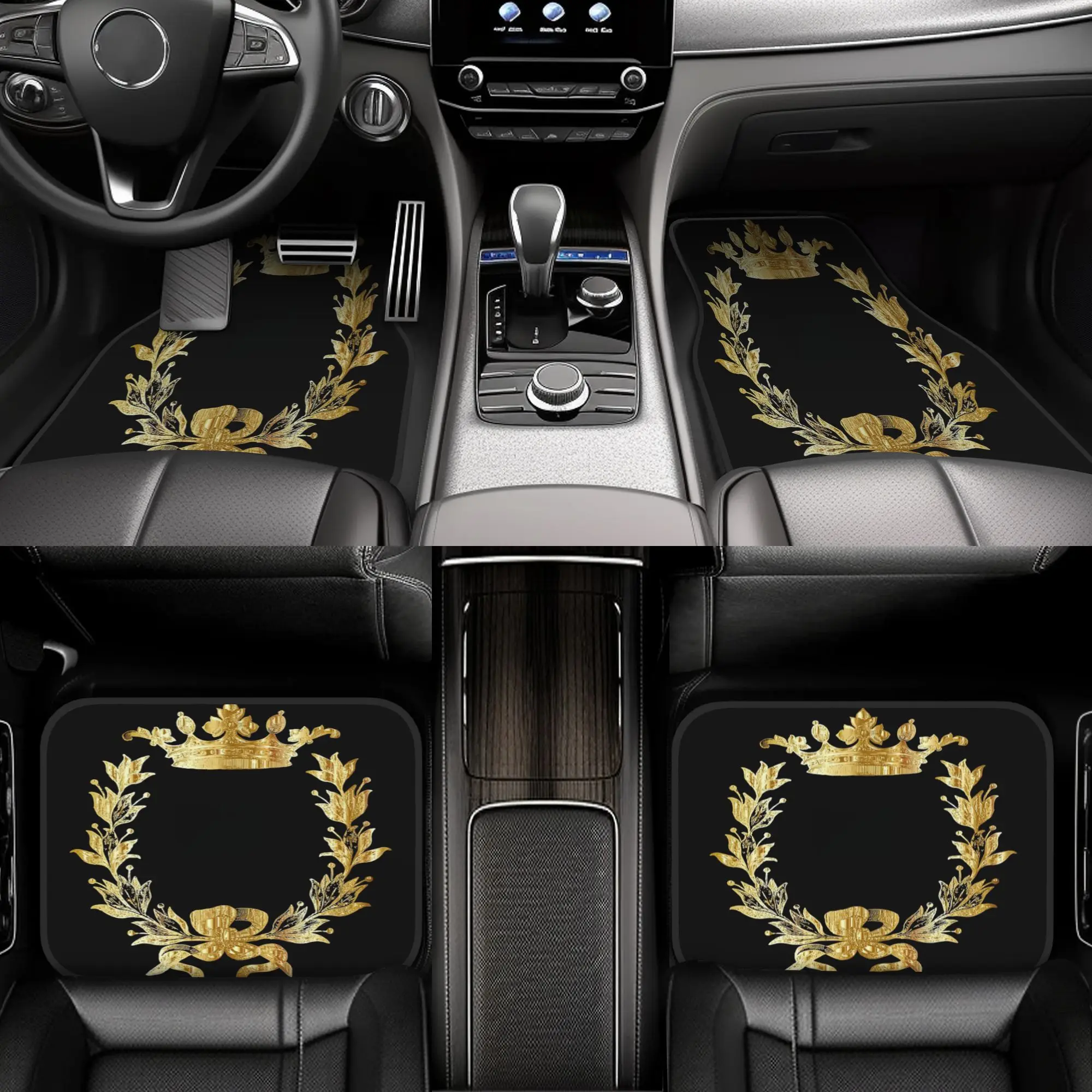 4pcs Vive Le Roy French Royal Car Floor Mats - Elegant Golden & Luxury Design, Durable Polyester Fiber, Fit For Cars, Universal