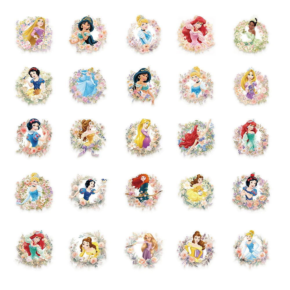 50pcs Cute Disney Princess Flowers Aesthetic Stickers Rapunzel Snow White Ariel Cartoon Sticker Luggage Phone Transparent Decals - view 5