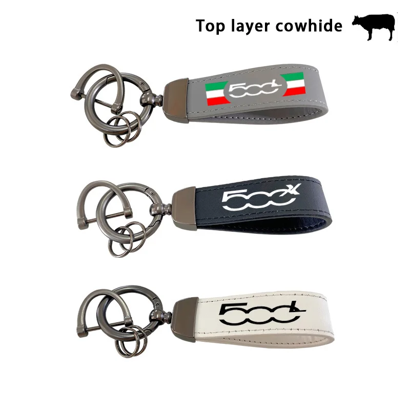 For Fiat 500 500C 500X 500L Abarth 695 Top Layer Cowhide Key Chain Keyrings Lanyard Car Accessories Custom Logo