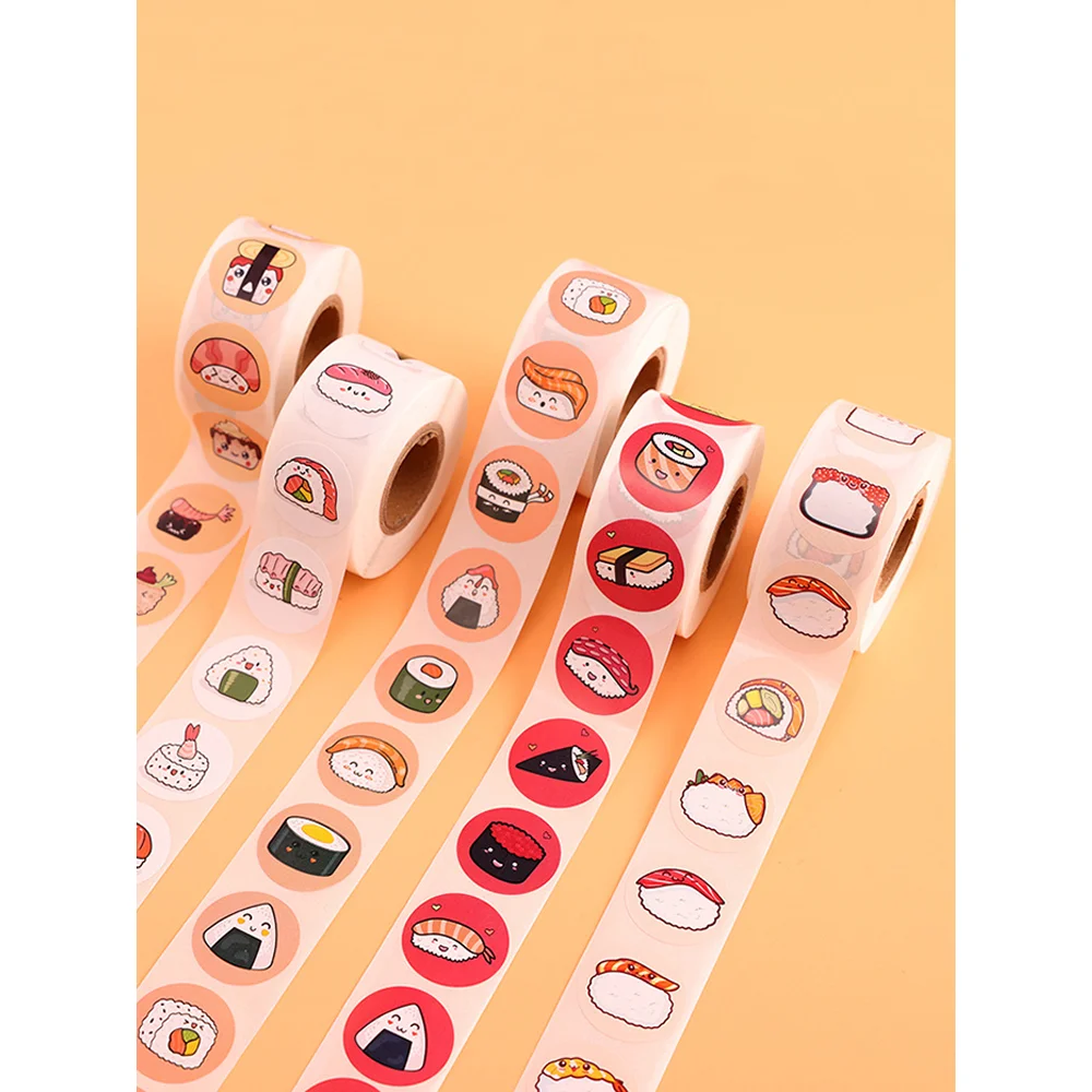 【1Roll 2,5 cm ronde cartoon sushi patroon sticker verjaardag bruiloft decor sticker gebakken dessert lunchbox label sticker】 - afbeelding 2