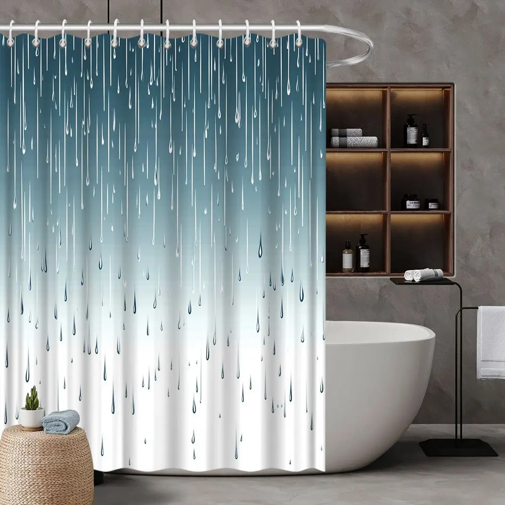 

1 шт. занавеска для душа от дождя, реалистичный дизайн капель дождя бирюзового неба, высококачественный полиэстер, устойчивый к выцветанию, стильный аксессуар для ванны