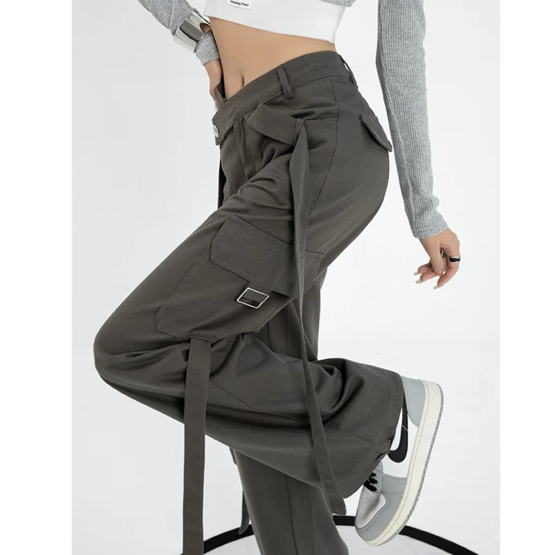 

Women Dark Grey Casual Pants Belt Vintage High Waisted Fashion Leisure Straight Wide Leg Pants Female Summer Mopping Trouser