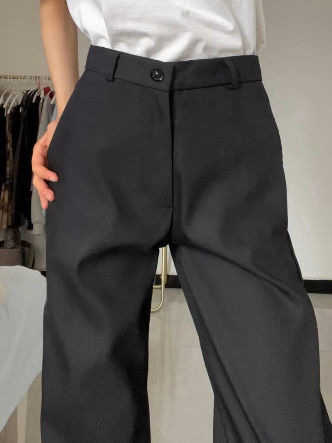 Hoge Taille Rechte Pijpen Fce Gevoerde Wijde Pijpen Broek Dames Afslanken Drapey Pak Broek Lange Lengte Koreaanse Sle Pendelen Wind