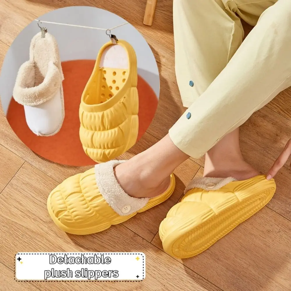 Simple Detachable Plush Slippers Soft Solid Color Thick Warm Slippers Waterproof Floor Shoes Homewear Flat Slippers Women