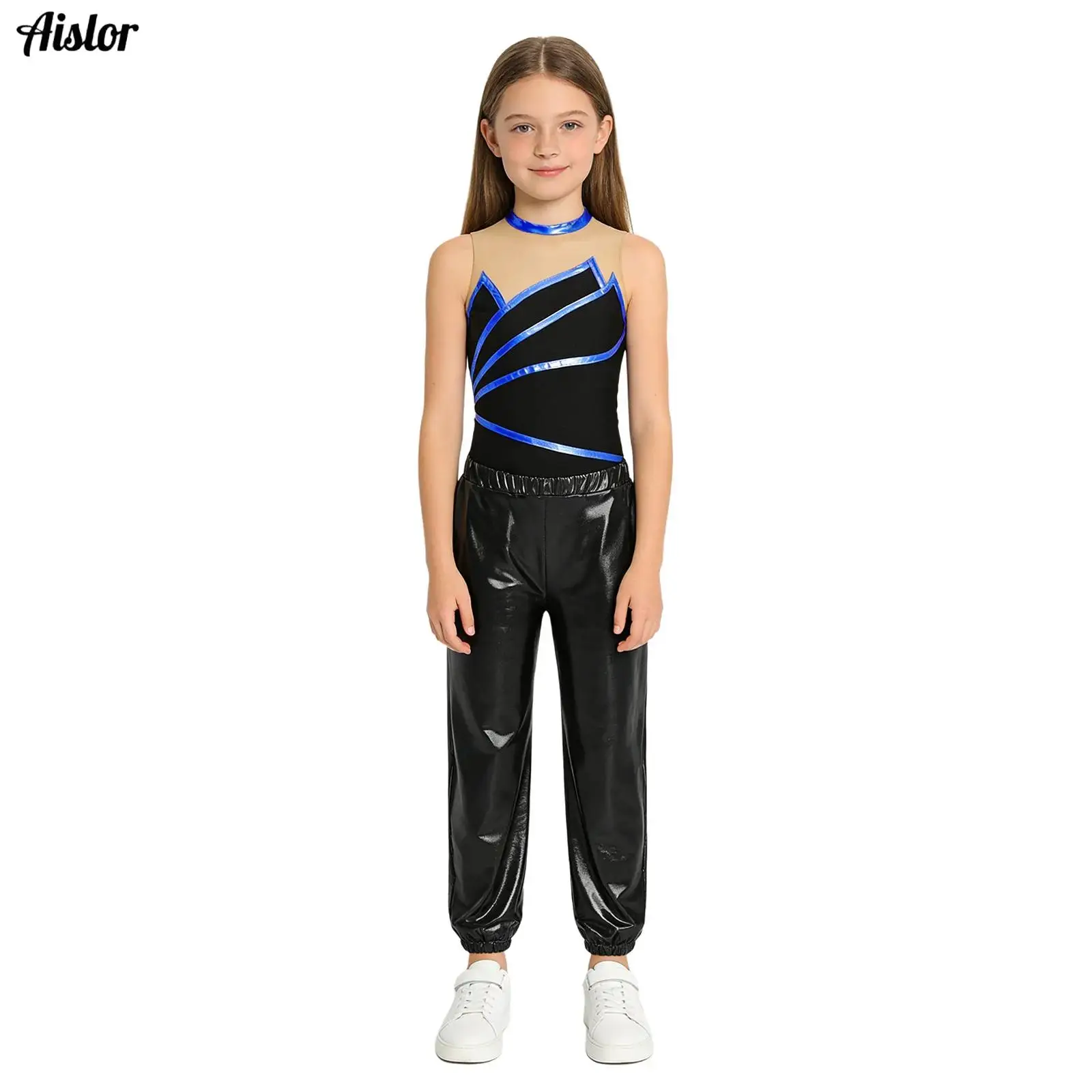 Kids Girls Metallic Striped Gymnastics Leotard Sheer Mesh Sleeveless Sport Ballet Dance Bodysuit with Pants Dancewear Set Suit
