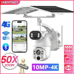 UNENTNGT 4g SIM HD Cùmera de segurança solar 50X Zoom óptico sem fio ao ar livre intercomunicador bidirecional cùmera de vigilùncia WiFi lente dupla