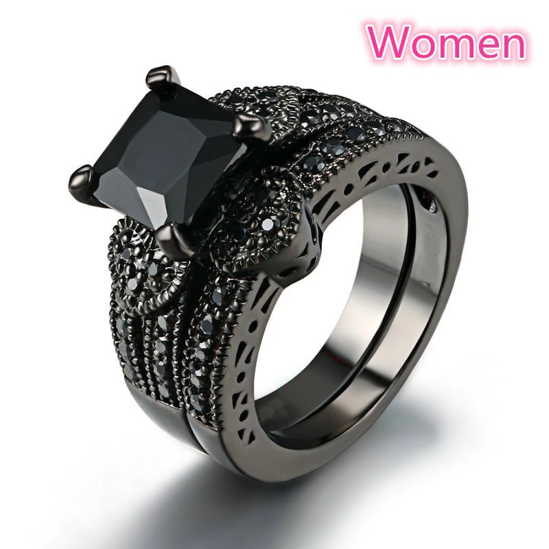 Fashion Men/Women Black Ring Simple Stainless Steel Zircon Men Ring Romantic Rhinestones Heart Women Ring Set Engagement Gift