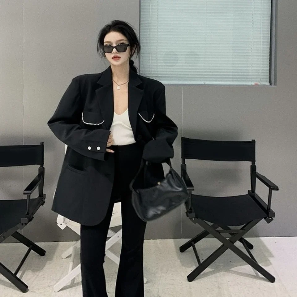 Women Black Blazer 2026 Spring Autumn Edgy Designer Style Korean Loose Fit Unique Casual Suit Jacket Fashion Top