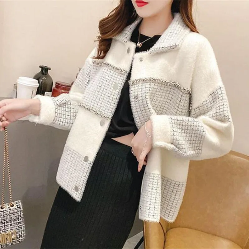 

Imitation Mink Velvet Knitted Woolen Coat Cardigan Woman 2022 New Autumn Winter Jacket Casual Splicing Short Outerwear Tops