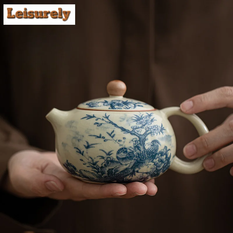 230ml Retro Ru Kiln Porcelain Xishi Teapot Elegant Flower And Bird Ink Pot Household Tea Soaking Kettle Cha Supplies Collection