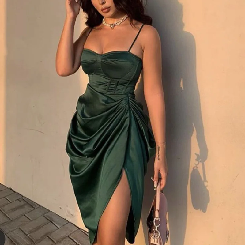 

Women's Sexy Medium Dresses Solid Slash Neck Spaghetti Straps High Waist Women Split Hem Asymmetric Medium Dress Summer 2022