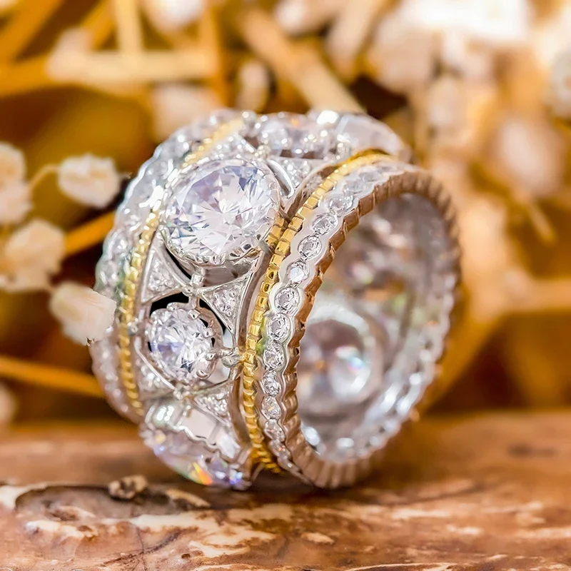 CAOSHI Gorgeous Two Tone Charms Rings with Bright Cubic Zirconia Vintage Hollow Out Design Lady Wediing Accessories Chic Jewelry