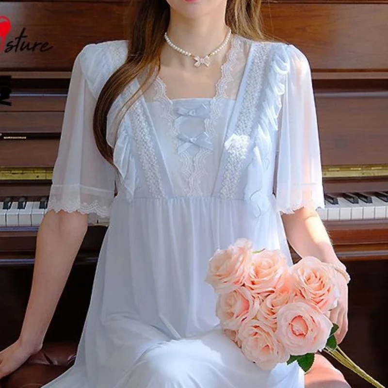 Summer Women Mesh Long Night Dress Fairy Modal Square Collar Nightdress Sweet Nightgown Romantic Princess Sleepwear Nightwear