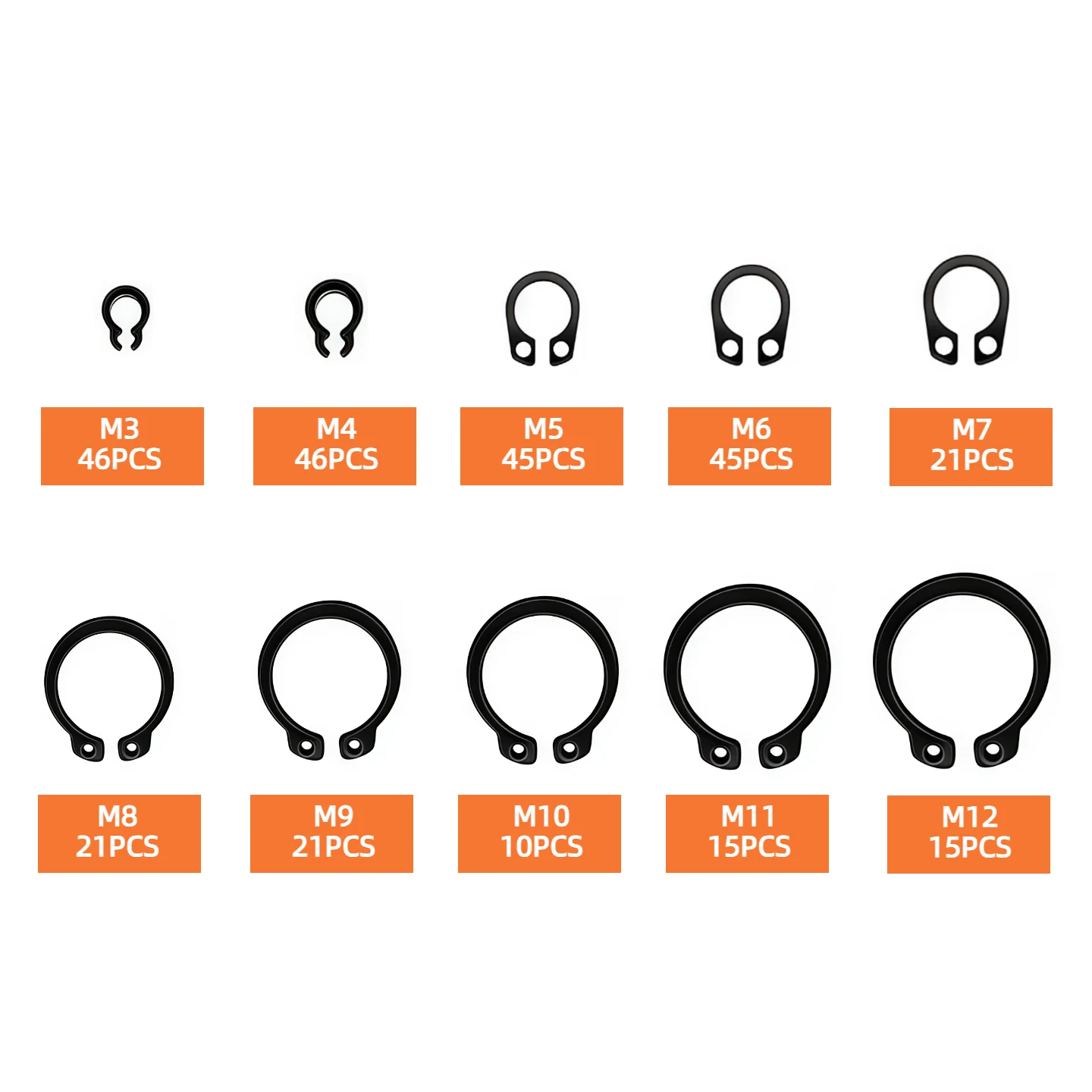 283/394/451-teiliges M3-M25 C-Clip-Set aus schwarzem Legierungsstahl, externe Sicherungsringe für Wellenlager und Hardware