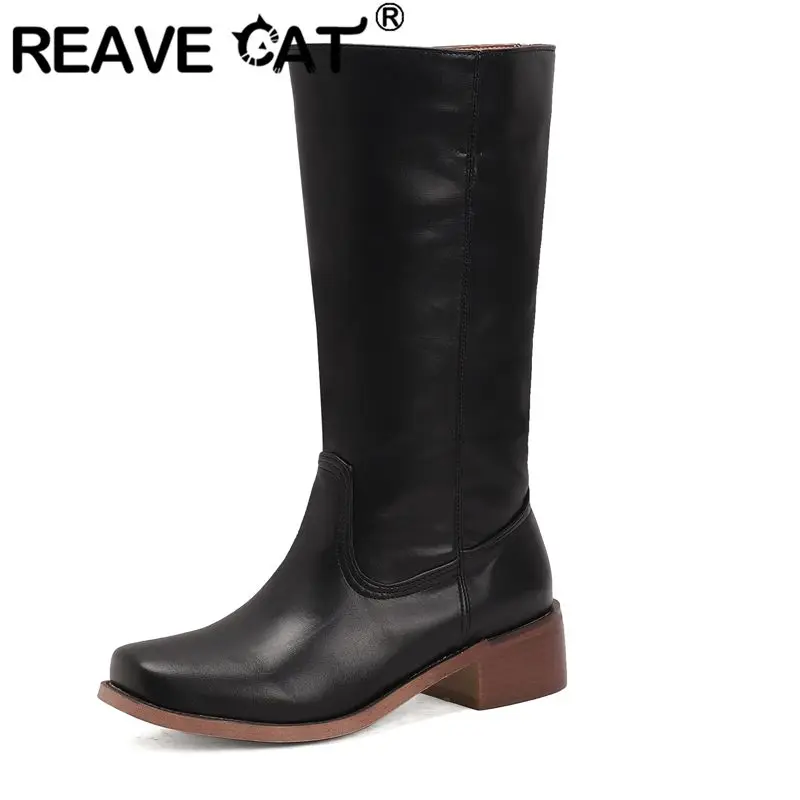 

REAVE CAT 2025 Vintage Western Boots for Women Square Toe Block Heels 4.5cm Slip On Plus Size 47 48 Leisure Daily Mid Calf Bota