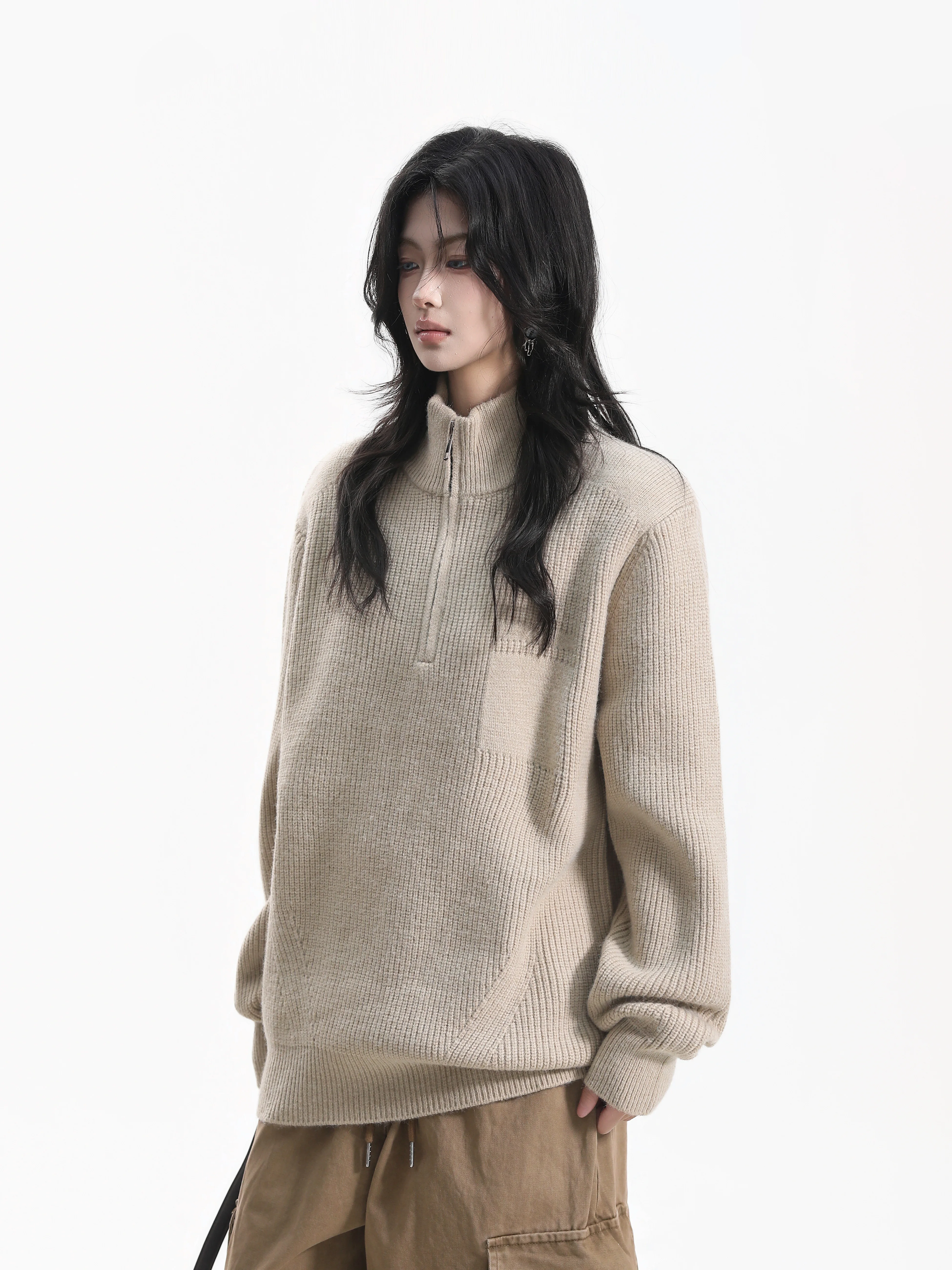 American Style Chunky Striped Stand Collar Sweater Women Loose Fit Casual Knitted Long Sleeve Top for Couples Lazy Style