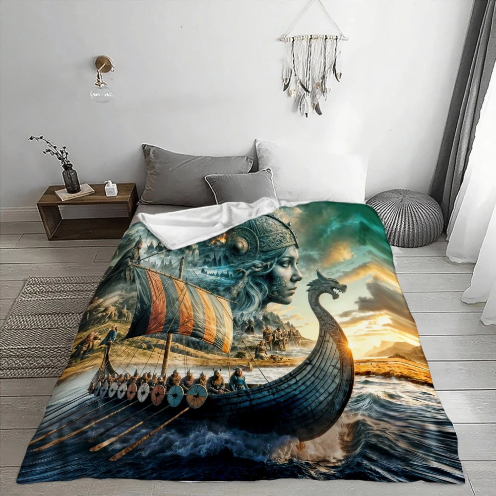 Viking Warrior And Dragon Ship, Gift for History Lovers, Blanket, Soft Cozy Home Decor, Multi-Purpose Throw, Warm Comfort