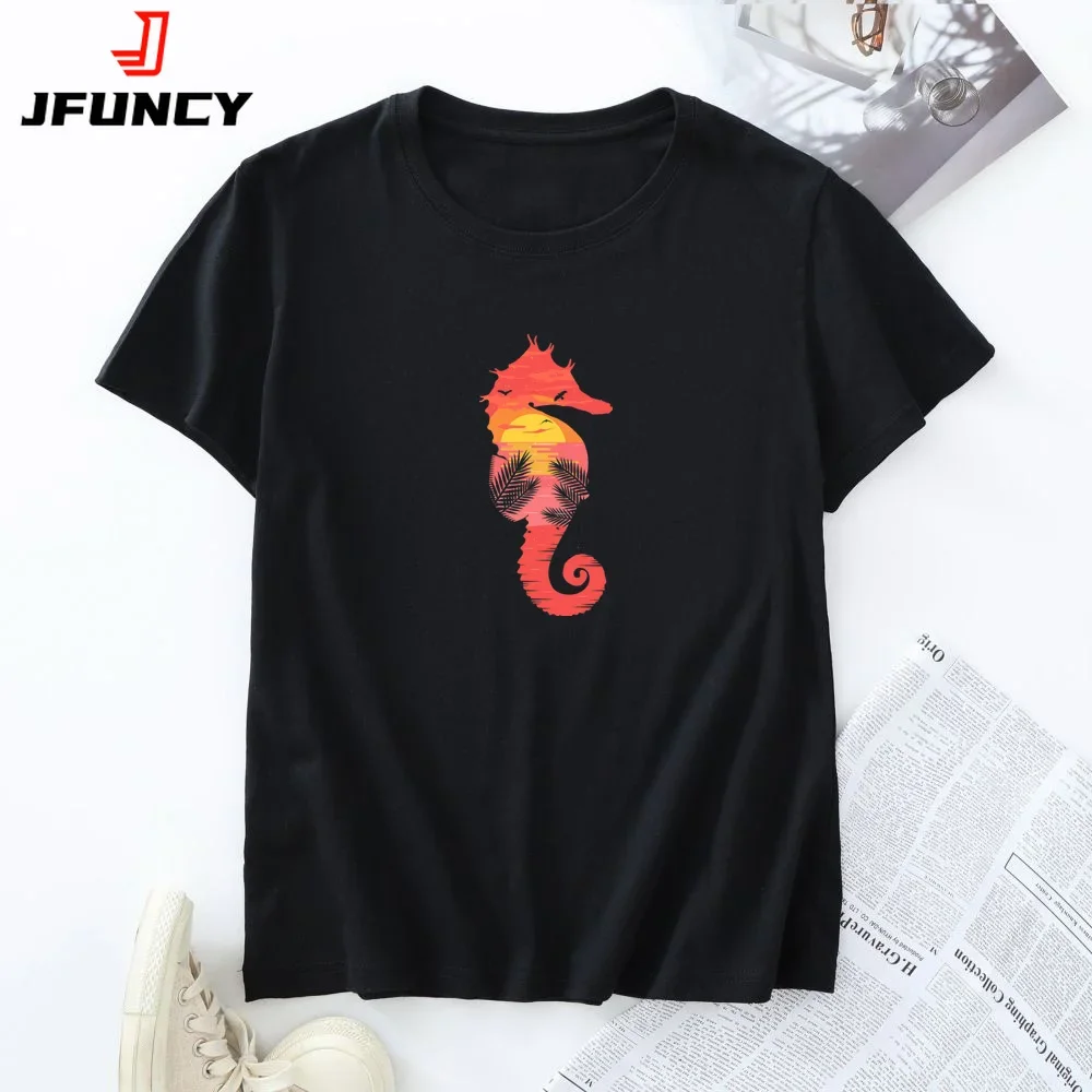 Women's T-shirt Short Sleeve Tee Women Tops Oversized Female Tshirt New Seahorse Graphic T Shirts Woman Summer 100% Cotton