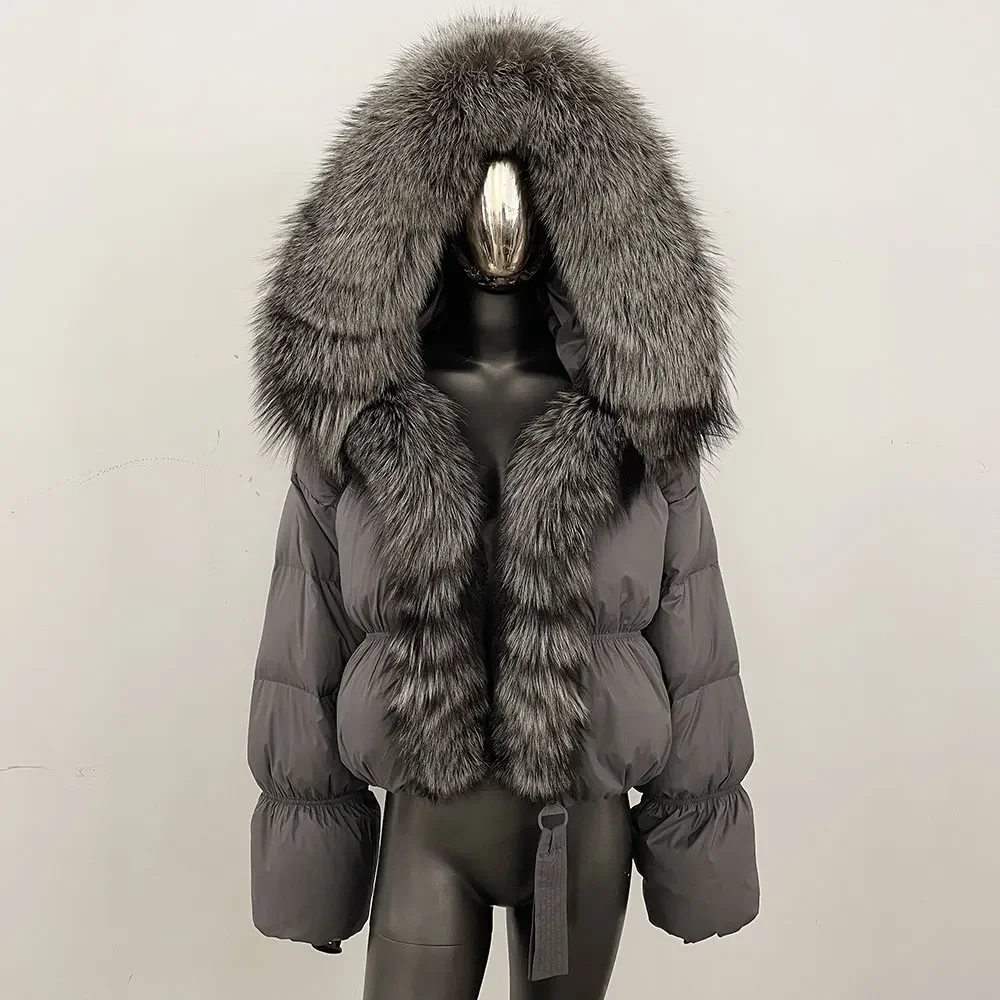 Piumino d'anatra bianco sciolto elegante piumino in vera pelliccia invernale naturale spesso caldo grande cintura in pelliccia di volpe Parka piumino da donna