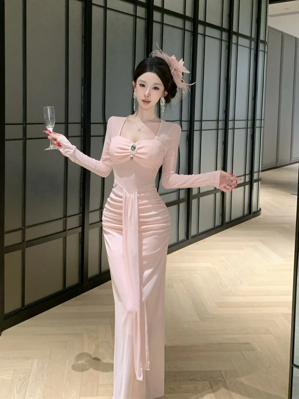 

Ele Long Sve женское платье с квадратным воротником, осень-зима, утягивающее вечернее платье, плиссированное облегающее длинное платье, сексуальная облегающая юбка