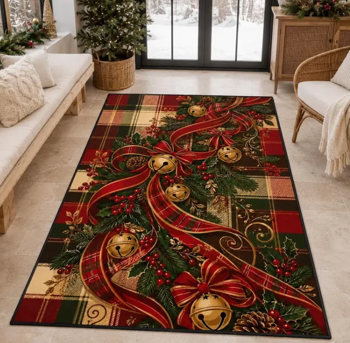 Christmas Bell Area Rug, Plaid Ribbon Garland with Holly and Pinecones Carpets